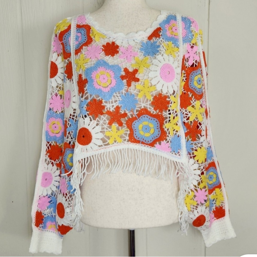 House of Harlow Floral Crochet Crop Sweater Poncho w/ Fringe One Size Multi